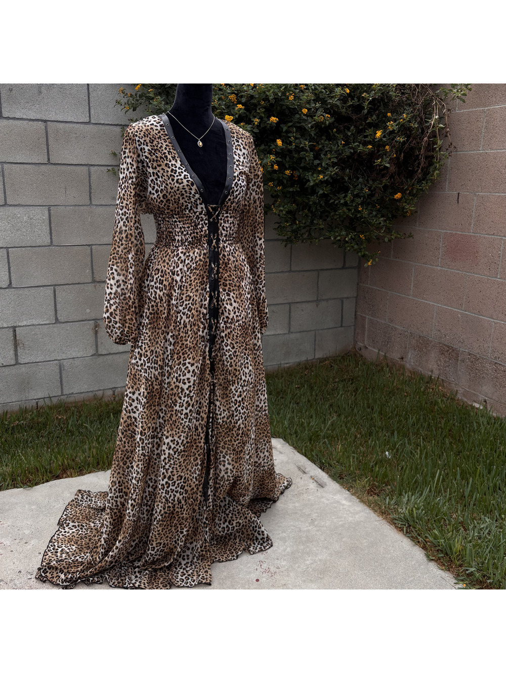 Y2K Long Cheetah Leopard Faux Silk Front Tie Maxi Dress Elegant Halloween